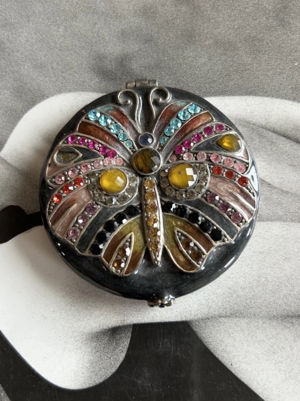 Vintage Butterfly Compact Mirror Rhinestone Jeweled Enamel Silver Tone 3”